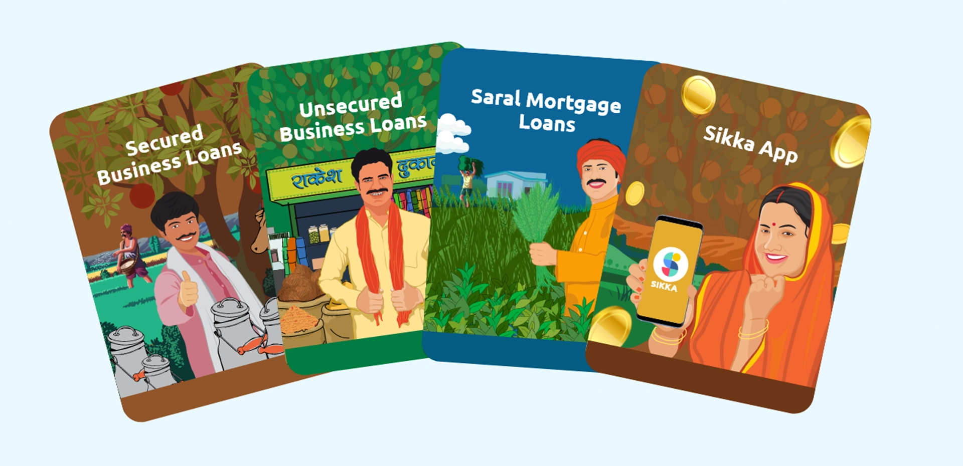 Cards showing Moneyboxx services - Secured business loan, Unsecured business loans, saral mortgage loans and Sikka App