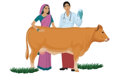 Moneyboxx Veterinary doctor with woman customer and her cow