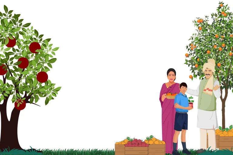 A family standing under the tree and showing us fruits and a plant