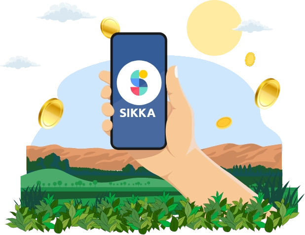 a hand holding a phone with showing Sikka app logo